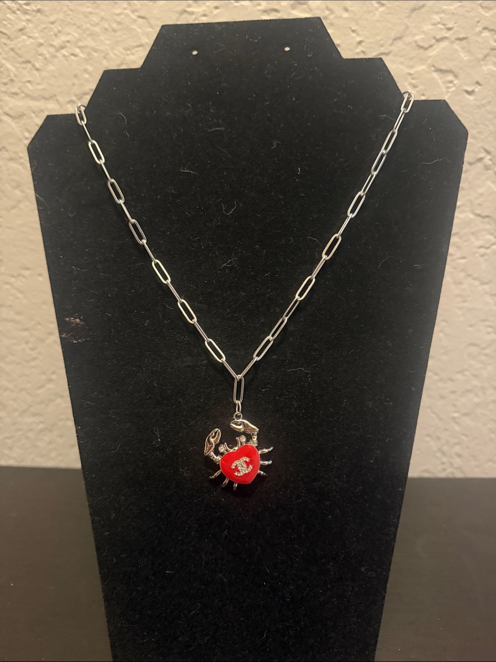 Inspired Silver Paperclip Necklace with Red Crab Charm